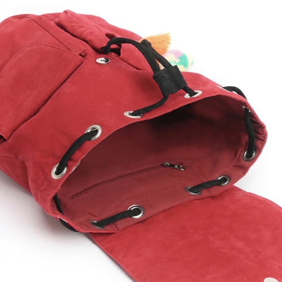 America & Beyond Drawstring Pom Pom Backpack  Floral Suede School Bag Girls Gift - Picture 3 of 17